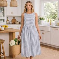 Robe d'été décontractée en lin sur mesure, sans manches, à rayures, élégante et confortable pour femmes. Portez des vêtements élégants pour femmes