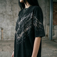 Kaos Hitam Vintage Wash Heavyweight dengan Cetakan Dark Angel Broken Sky, Pasokan Kustom Pabrik OEM