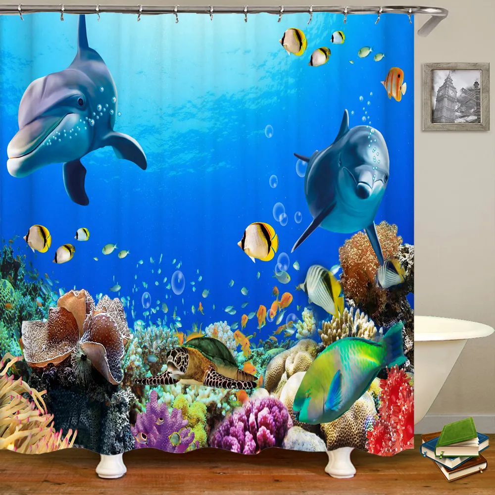 Duş perdeleri okyanus yunus deniz dünya hayvan su geçirmez kumaş banyo duş perdesi sevimli balıklar büyük boy 240X180 ekran