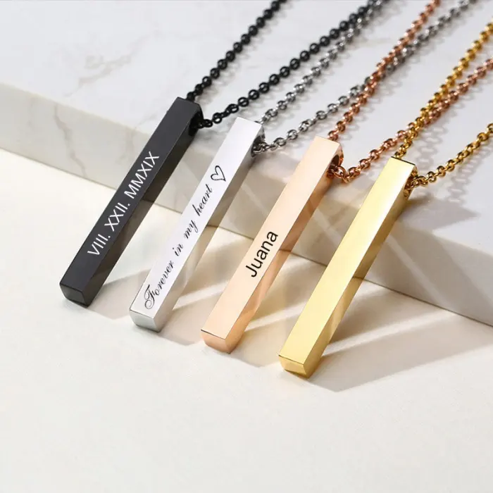 Hot sale customized vertical bar shape minimalist elegant silver/gold/rose gold/black stainless steel 3d bar necklace for women