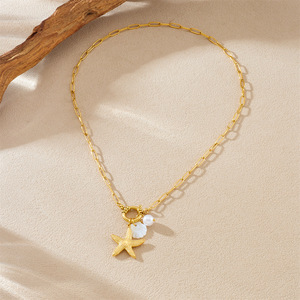 Gold Plated Starfish Pearl Seashell Necklace Women's Everyday Wear Fashion Jewelry Chain Pendant Ocean Theme - Product Image 2