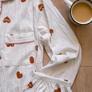 Conjunto de <span class=keywords><strong>Pijama</strong></span> Personalizado para Mujer, Otoño <span class=keywords><strong>Invierno</strong></span>, Manga Larga, Cárdigan, Pantalones, Estampado de Amor, Estilo <span class=keywords><strong>Burbuja</strong></span> Arrugada, para Uso en el Hogar - Product Image 6