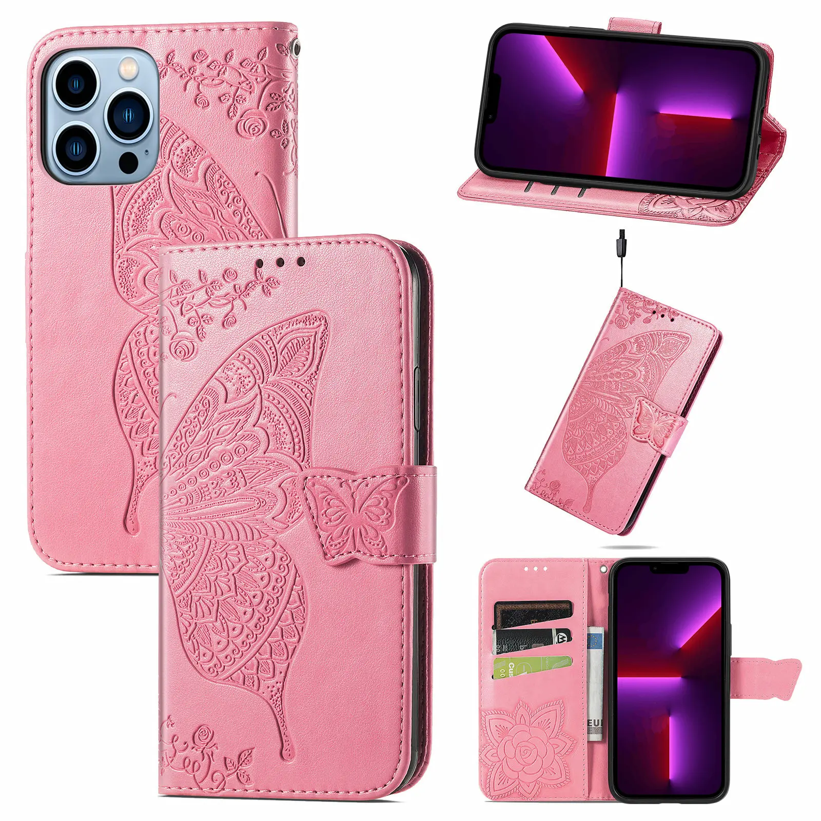 Luxo Borboleta Flor Embossing PU Couro Flip Cover Kickstand Card Slots Carteira Phone Case Para iPhone 15 14 Pro Max