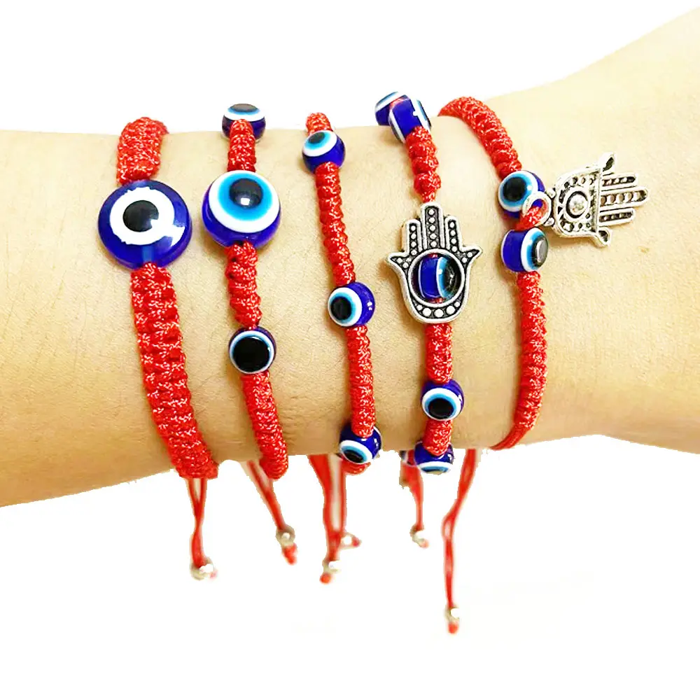 men's fashion handmade hamsa and d-evil eye bracelet adjustable lucky red string rope woven bracelet with evil eyes supplier