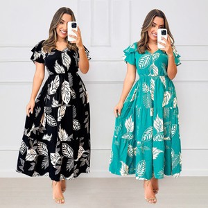 Y10465 Robes d'été tendance pour femmes, décontractées et élégantes, col en V, boutonnées, taille élastique, <span class=keywords><strong>robe</strong></span> <span class=keywords><strong>longue</strong></span> trapèze imprimée pour femmes - Product Image 1