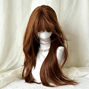 Perruque complète pour femme, avec <span class=keywords><strong>frange</strong></span> naturelle et volumineuse, marron orangé, longue et droite, effet vague d'eau, en fibre haute température, 100% fibre. - Product Image 1