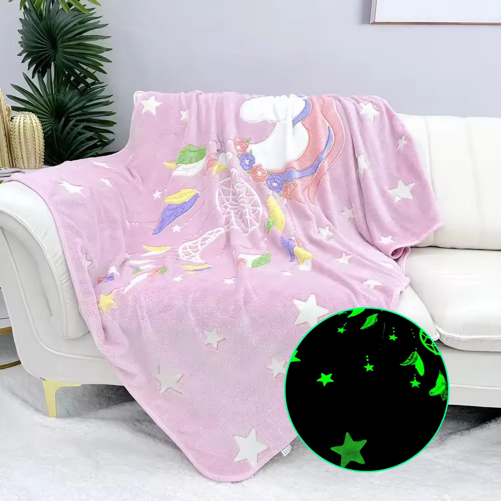 Custom Sublimation Print 100% Polyester Flannel luxury Magic Gift Toy Christmas Soft Kids Luminous Glow in the dark Blanket