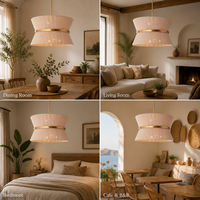 Suspension Bohème en Corde de Jute avec Abat-jour Tambour Sablier, Anneau en Laiton Fait Main, Lustre Wabi Sabi, LED Dimmable, Hauteur Réglable