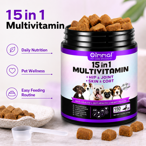 ผู้จัดจำหน่ายอาหารเสริมสำหรับสัตว์เลี้ยง Oimmal วิตามินรวม 15 in 1 แบบเคี้ยวสำหรับสุนัข บำรุงสะโพก ข้อต่อ ผิวหนัง ขน และสุขภาพลำไส้ 150 เม็ด แบบเคี้ยว ขายส่ง - Product Image 1