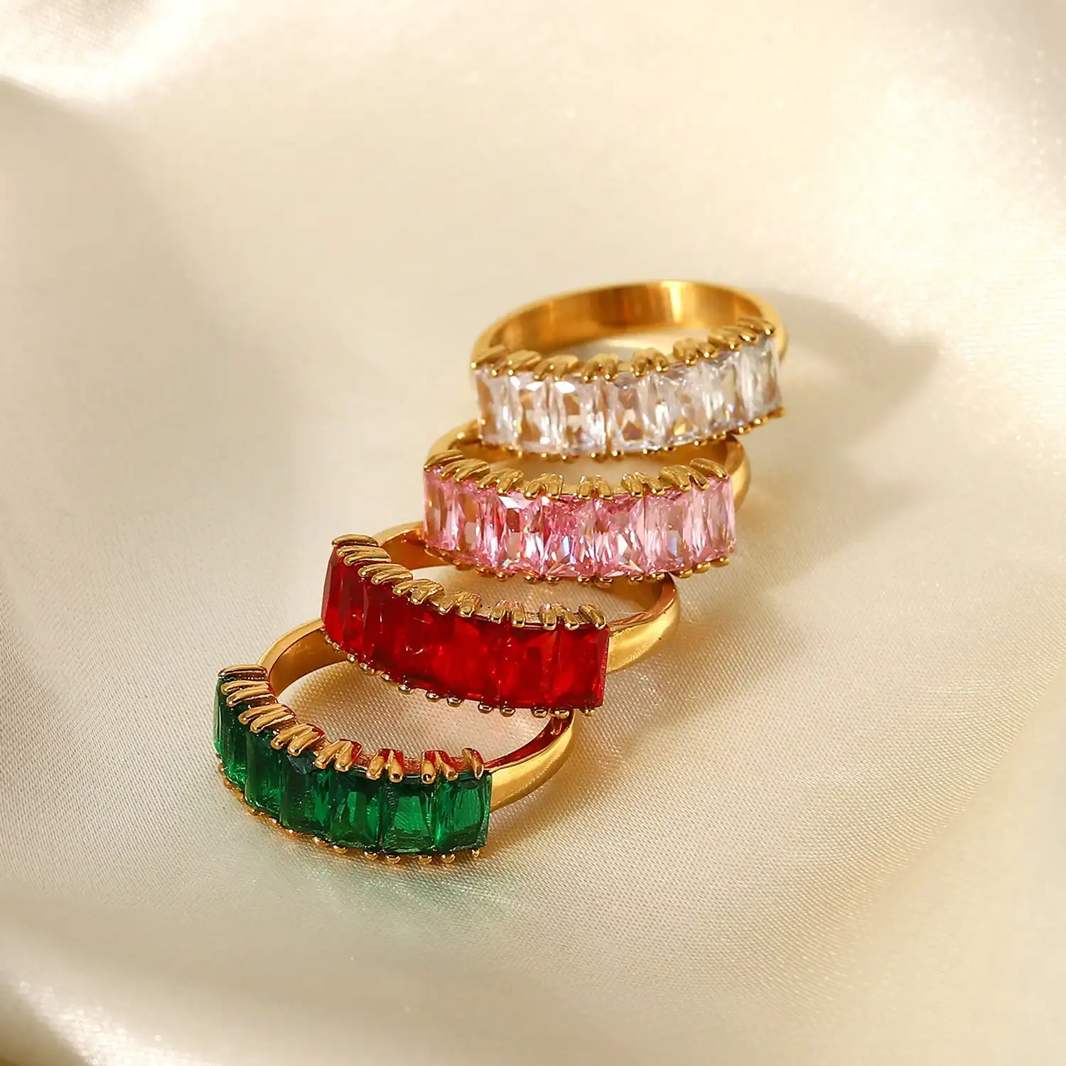 Half Circle INS Fashion Ring 18K Gold Half Circle Rectangular White Red Green Pink Zircon Stainless Steel Ring Female