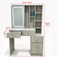 Coiffeuse multifonctionnelle gris clair avec miroir LED, étagères ouvertes et 5 tiroirs grande capacité pour chambre à coucher