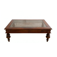 Table basse en bois massif sculpté vintage avec plateau en verre décoratif (style classique européen)