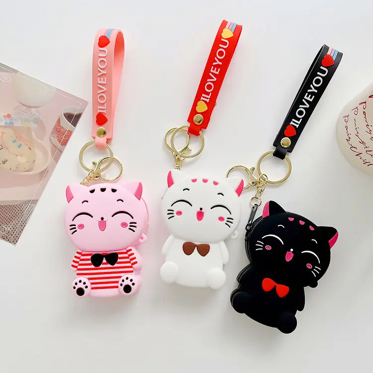 OEM Customized Silicone Cute Cat Coin Pouch Small Kids Money Zipper Wallet Mini Coin Purse With Keychain For Gifts