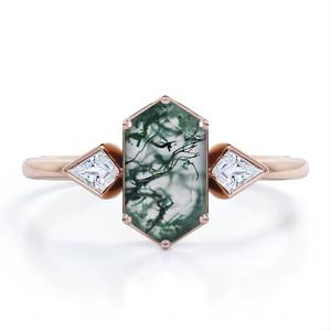 Rose <b>Gold</b> Plated Women's Hexagon Natural Stone <b>Ring</b> With Princess Cut Diamond Side Accents Vintage Engagement Gemstone <b>Ring</b> - Product Image 1