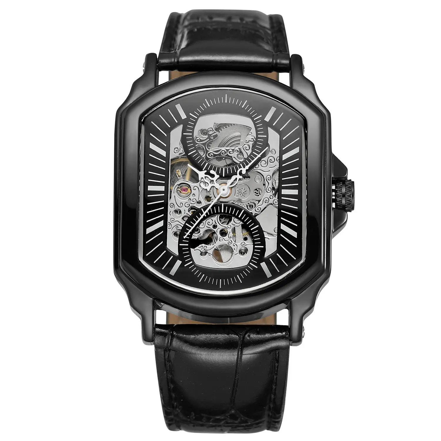 Skelet Automatische Heren Horloge Rechthoekig Horloge Hot Selling Lederen Band Klok Uurwerken
