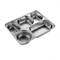 Plateau repas en acier inoxydable à 5 compartiments, qualité alimentaire 304, assiette divisée réutilisable pour cantine scolaire et bureau