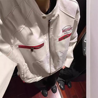 Blouson en cuir PU blanc pour homme, longueur standard, style américain, manteau de motard tendance, col montant, toucher premium