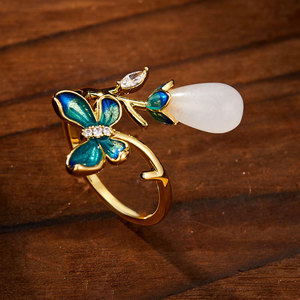 Butterfly Open Ring With Enamel And White Jade Adjustable Index Finger Jewelry Gift - Product Image 1