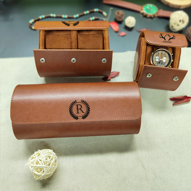 1/2/3-Slot Custom Eco-friendly Rectangle Leather Watch Roll Travel Case Personalized Engraved Watch Box for Men