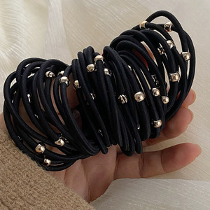 Élastique à cheveux noir avec perles dorées, haute élasticité, pour queue de cheval, usage quotidien, en tissu, accessoires Yiwu - Product Image 2