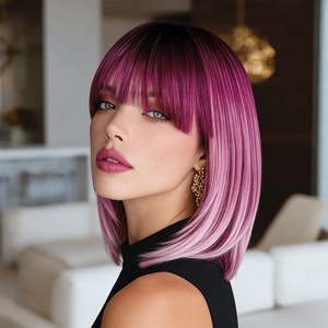 Parrucca Sintetica Corta <span class=keywords><strong>Rosa</strong></span> Sfumata con Radici Scure, <span class=keywords><strong>Capelli</strong></span> Lisci, Frangia dall'Aspetto Naturale, Vendita all'Ingrosso SM540 - Product Image 3