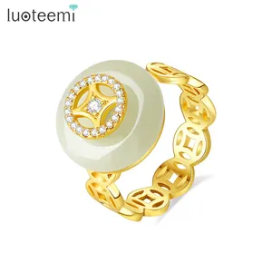 Luoteemi - Anel de Jade para Mulheres, joia de luxo vintage 3A com zircônias banhada a ouro, redondo e redimensionável, em forma de moeda, moda feminina