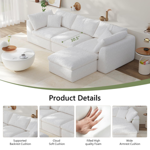 Sofá Seccional Moderno de Lujo en Color Blanco Hueso, Tela Sherpa, Tres Plazas, Empacado Comprimido, Tamaño Estándar, Sofá Cuadrado Tipo Nube con Otomana - Product Image 4