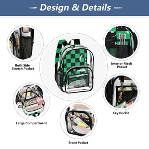 Unisex <b>Black</b>/Green Checked Design Heavy Duty Clear 16" Large Size Sports <b>Backpack</b> Transparent PVC Clear <b>Backpack</b> Bag - Product Image 5