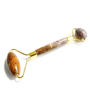 HY Venda Quente OEM Private Label Atacado De Metal Soldado Natural Oceano Ágata Rosa Jade Rolo para Rosto Facial Spoon