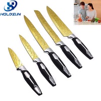 Ensemble de couteaux de chef haut de gamme en acier inoxydable plaqué titane doré, 6 pièces, avec manche ergonomique en caoutchouc et plastique et bloc de rangement