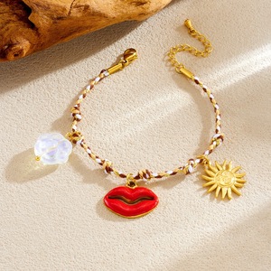Handmade Braided Rope <b>Bracelet</b> With <b>Red</b> Lip Sun Pendant Bohemian Style Women's Jewelry - Product Image 2