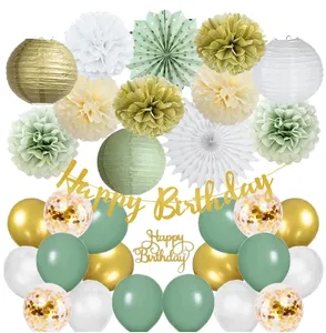 绿色生日快乐横幅纸扇套装和气球花环丛林野生动物园婴儿淋浴生日派对用品装饰品套装