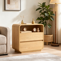 Mesa de Noche Curva de Madera Estilo Rústico con Estación de Carga y 2 Cajones de Almacenamiento, Mesa Auxiliar para Dormitorio, Sala de Estar