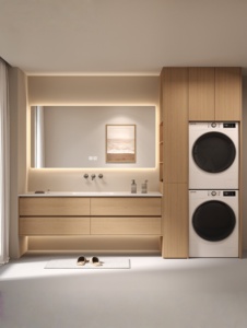 Minimalist Natural Wood-Style Stone Slab Vanity Integrated Sink Smart <b>Mirror</b> <b>Wall</b>-Mounted Bathroom Cabinet - Product Image 2