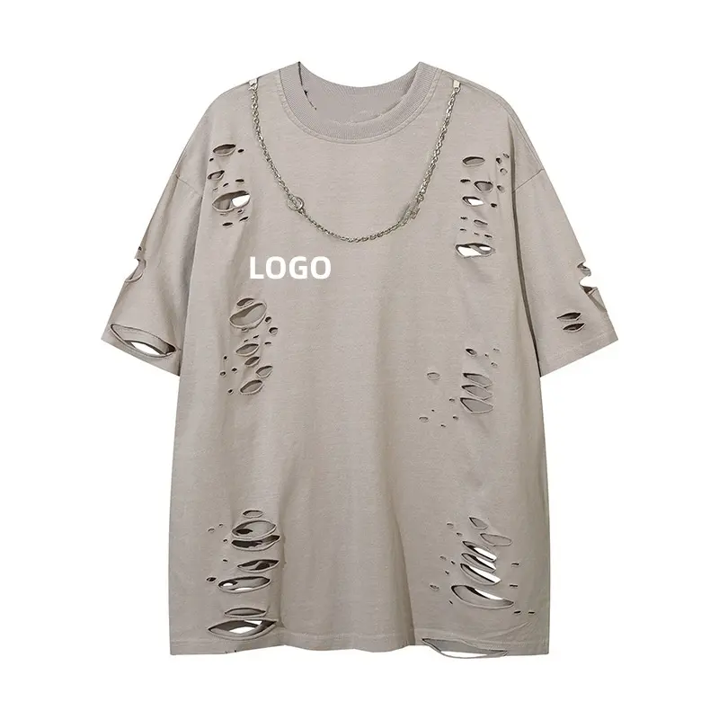 사용자 정의 인쇄 빈 고민 티셔츠 대형 브랜드 깨진 구멍 스트리트웨어 면 남녀 공용 티셔츠 체인