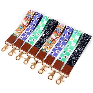 High Quality PU Leather Colored Fabric Keychain Polyester Sublimation Short Wrist Hand Strap Lanyard for Key