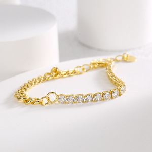 Hot Sale Trendy 18k Gold Plated Asymmetrical Tennis Bracelet Cuban Chain Geometric Design Brass Zircon Unisex Anniversary - Product Image 3