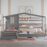Lit double en bois en forme de L avec garde-corps de toit, design Montessori (gris), pas besoin de matelas à ressorts