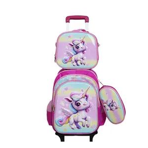 Conjunto de mochilas infantis com carrinho de carrinho, conjunto de 3 peças para meninos e meninas, carrinho de carrinho de carrinho para escola, carrinho de carrinho para crianças, cartela rígida com carrinho