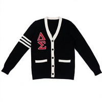 Maßgeschneiderte Sorority DST Damen Schwarze Jacquard-Stickerei Strickjacke Rote Delta Griechische Buchstaben V-Ausschnitt Preppy-Stil Varsity-Trim
