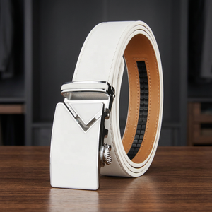 White Genuine Leather Automatic <b>Belt</b> with <b>Silver</b> Rectangular <b>Buckle</b> Formal Men's Style - Product Image 2