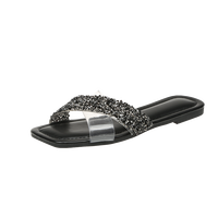 Nouvelles sandales plates à lanières transparentes en strass pour femmes, vente en gros, personnalisables, à bout carré, pour fêtes et plage estivale