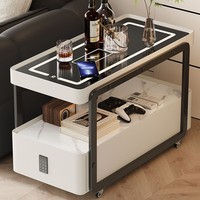 Italienischer Moderner Minimalistischer Beistelltisch mit Glasplatte Beweglicher Kleiner Holztrolley Kabellose Ladebuchse Couchtisch Wohnzimmer