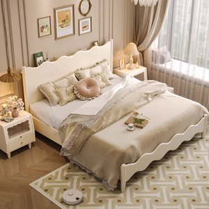 French Style Solid Wood Double Bed Frame 1.5M Wave Shape Platform Bed For Bedroom Nankang White Cream Color - Product Image 2