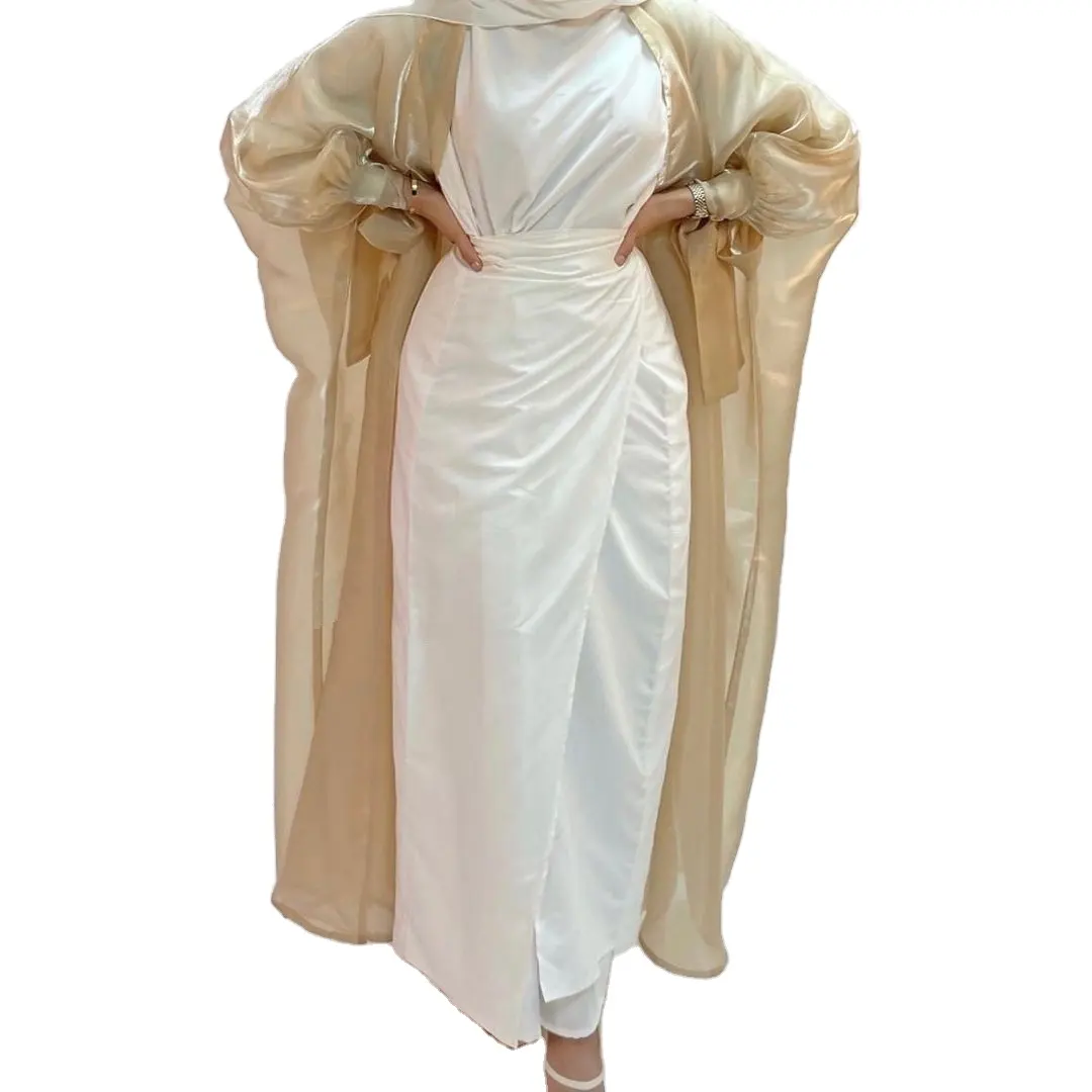 Vestido musulmán de seda liso, conjunto jilbab khimar saoudien dubai abaya brillante