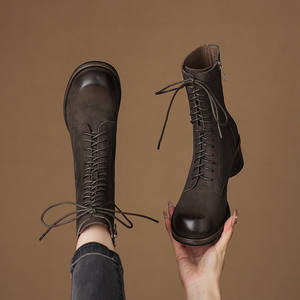 Meilleures ventes : Bottes mi-mollet décontractées en cuir de vachette pleine fleur, couleur unie, style rétro, avec ceinture décorative, imperméables, antidérapantes, à talon épais et confortable - Product Image 6