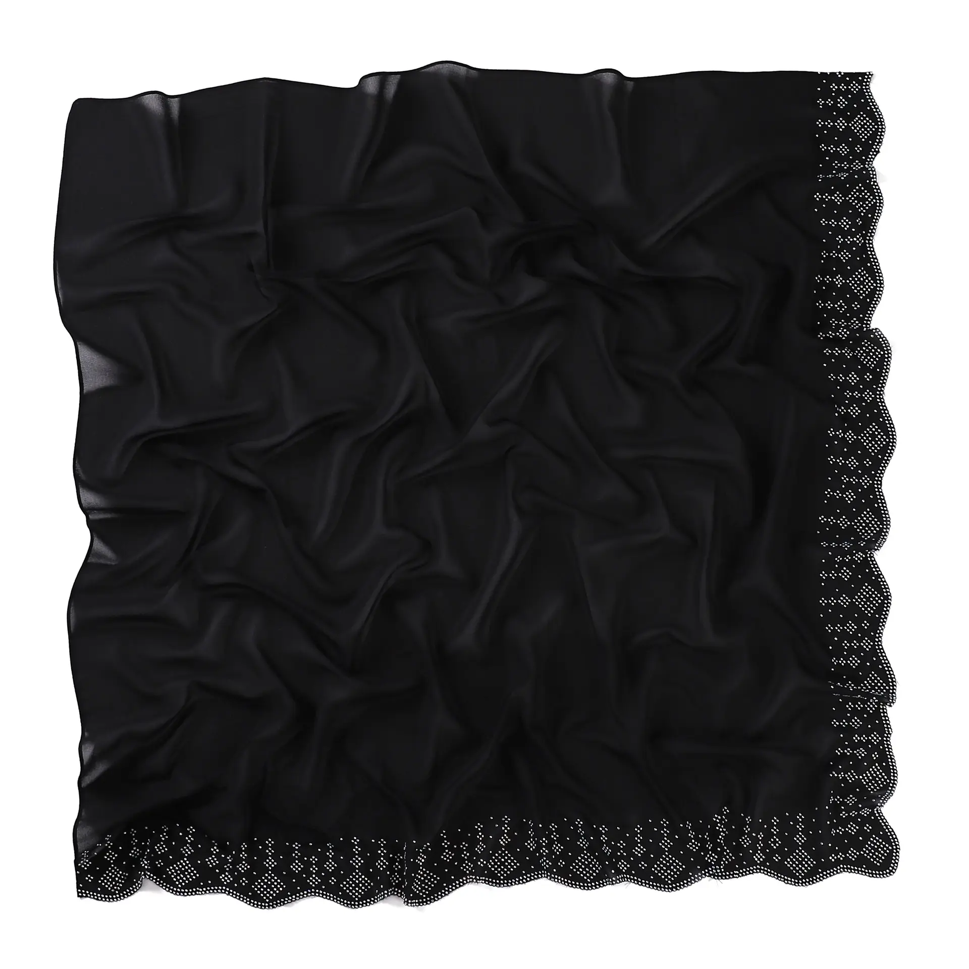 Schlussverkauf Damen-Sonnenschutz schwarz Spitzenprägung Diamanten solide Farbe Chiffon Vierkant-Schal 90*90 cm Dubai-Kopfschal