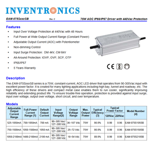 Controlador LED Inventronics Serie EAM de 75W, Impermeable, de Salida Única, Corriente Constante, Regulable, con 5 Años de Garantía para Iluminación Vial - Product Image 2