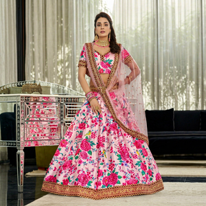 Pink Floral Print Lehenga Choli Art Silk Semi Stitched Wedding Outfit with Dupatta for <b>Bride</b> Festival Wear - Product Image 1