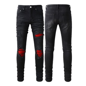 <span class=keywords><strong>Jeans</strong></span> da Uomo Neri in Denim con Patch Rossi, Stile Hip Hop Vintage, Stampa, Vestibilità Slim, Casual, Effetto Usurato e Strappato, Modello Stacked - Product Image 4